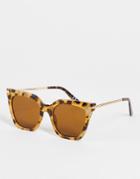 Asos Design Square Cat Eye Sunglasses With Metal Arms In Milky Tort-brown