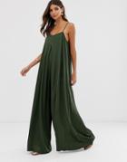 Asos Edition Satin Pleat Front Jumpsuit With Extreme Wide Leg - Green