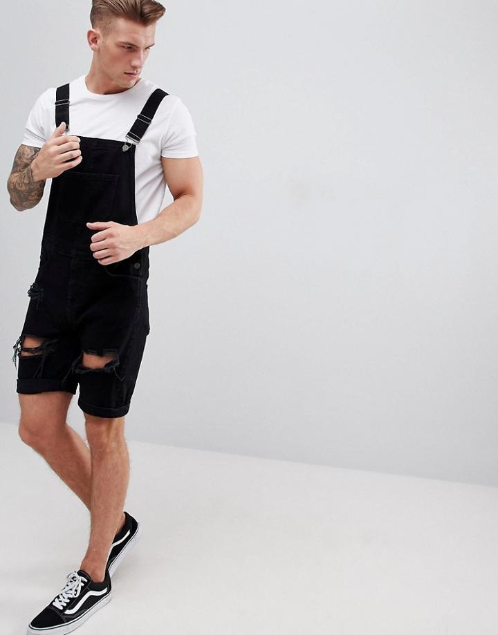 Asos Design Denim Short Overalls In Black With Heavy Rips - Black