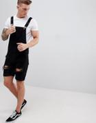 Asos Design Denim Short Overalls In Black With Heavy Rips - Black