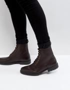 Asos Lace Up Worker Boots In Brown Faux Scotchgrain Leather - Brown