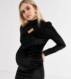 Fashion Union Maternity Velvet High Neck Mini Dress With Scattered Rhinestone Detail-black