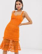 Love Triangle Lace Midi Dress With Fluted Hem And Sweetheart Neckline In Orange - Orange