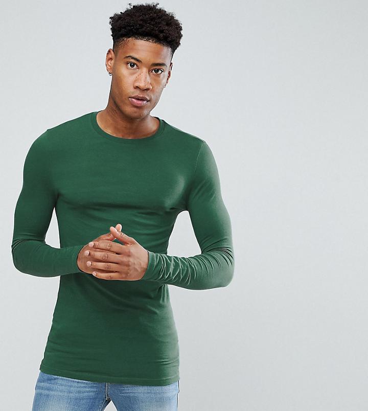 Asos Tall Longline Long Sleevet-shirt With Crew Neck - Green