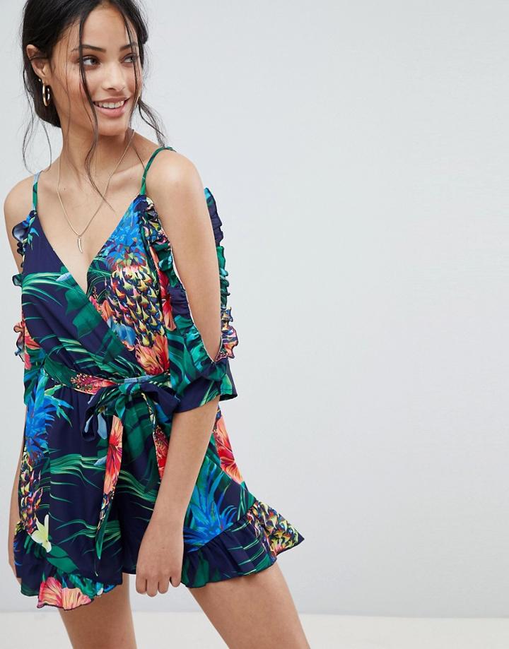 Parisian Cold Shoulder Tropical Print Romper - Navy