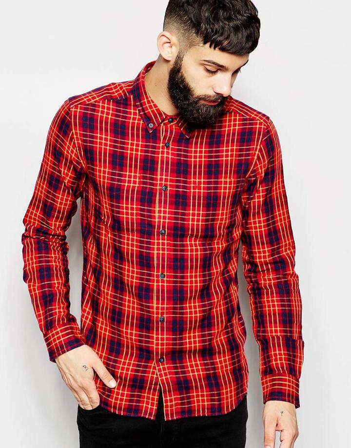 Wrangler Shirt Slim Fit Buttondown Check 2 Pocket - Red