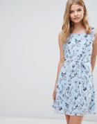 Yumi Tie Waist Dress In Summe Floral Print - Blue
