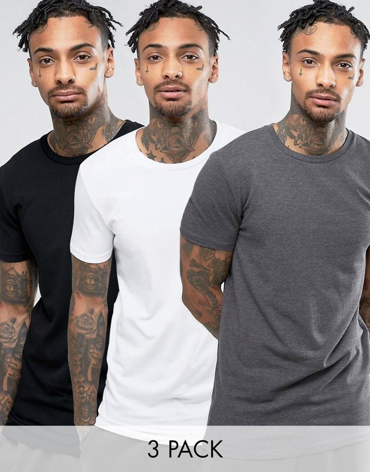 Asos 3 Pack Longline Muscle T-shirt In White/black/charcoal Save - Multi