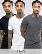 Asos 3 Pack Longline Muscle T-shirt In White/black/charcoal Save - Multi