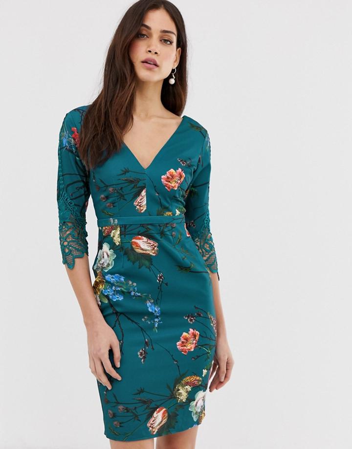 Little Mistress 3/4 Sleeve Printed Belted Midi Dress With Lace Detail - Multi