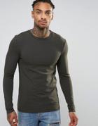 Asos Extreme Muscle Long Sleeve T-shirt With Crew Neck In Khaki - Gree