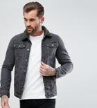Liquor N Poker Washed Black Mutlicoloured Fleece Collar Denim Jacket - Black