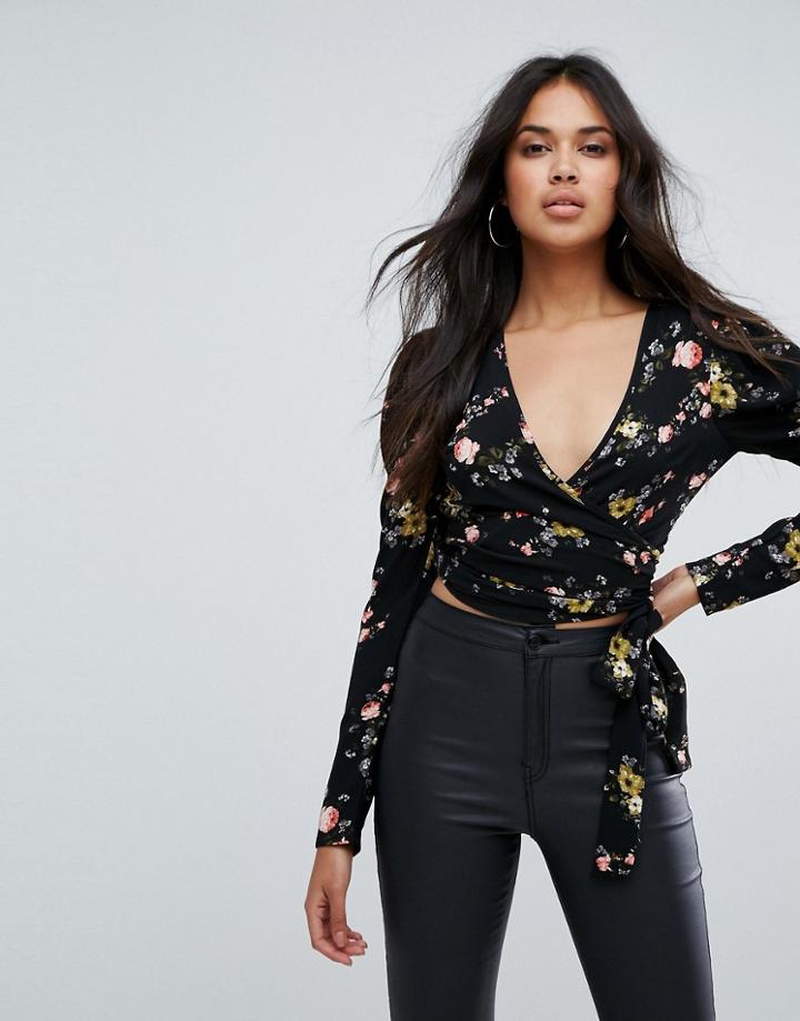Missguided Black Floral Print Puff Sleeve Tie Side Crop Top - Black