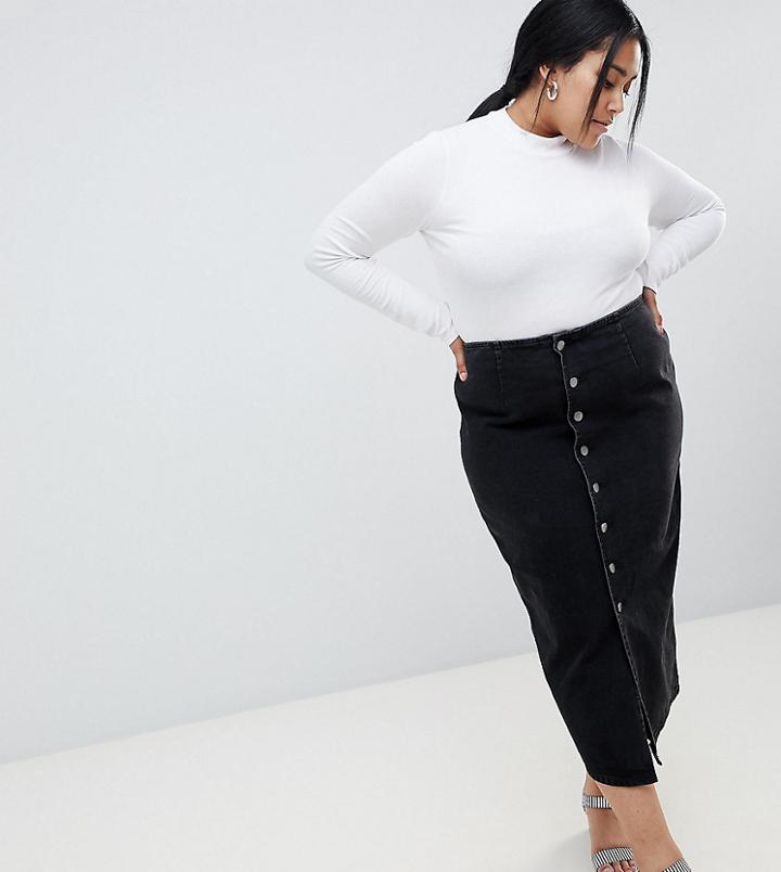 Asos Design Curve Denim Midi Skirt With Buttons In Black - Black