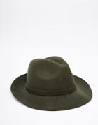Asos Fedora Hat In Khaki Felt - Green