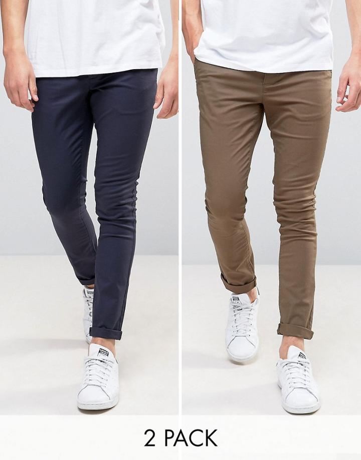 Asos 2 Pack Super Skinny Chinos In Khaki & Navy Save - Multi