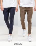 Asos 2 Pack Super Skinny Chinos In Khaki & Navy Save - Multi