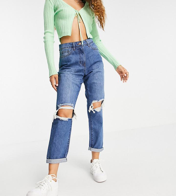 Parisian Petite Ripped Mom Jeans In Mid Blue-blues