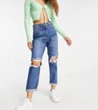 Parisian Petite Ripped Mom Jeans In Mid Blue-blues