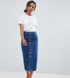 Asos Design Petite Denim Midi Skirt With Buttons In Midwash Blue - Blue