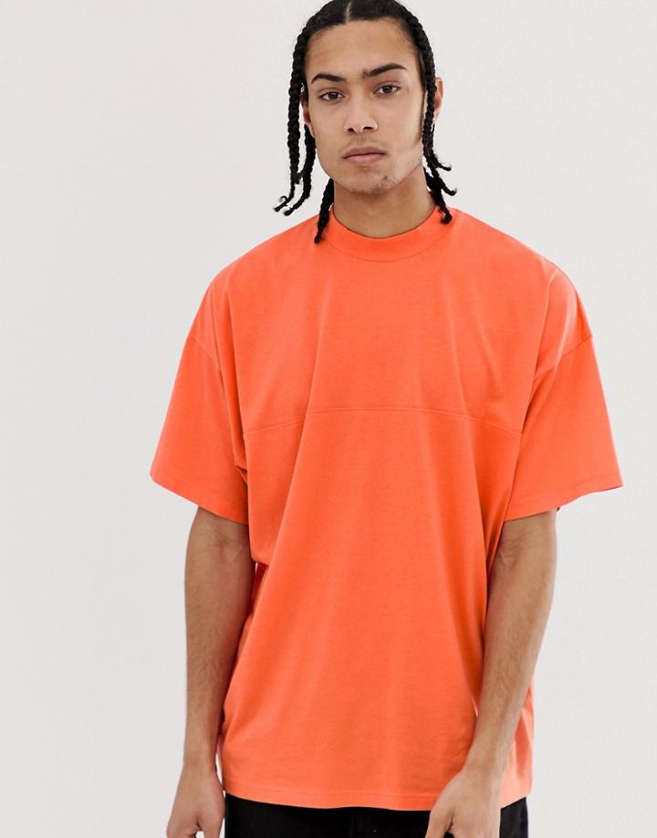 Asos Design Oversized T-shirt With Seam Detail & Turtleneck In Coral - Orange