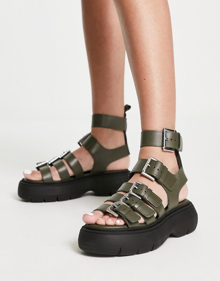 Topshop Panda Leather Chunky Sandal In Khaki-brown