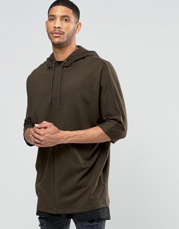 Asos Oversized Longline Hoodie In Batwing With Reverse Loopback - Green