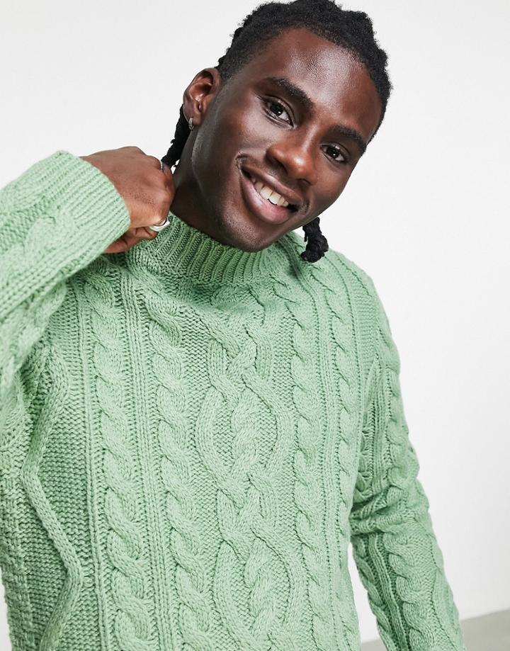 Asos Design Heavyweight Cable Knit Turtle Neck Sweater In Green