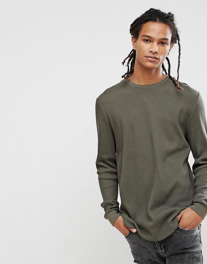 Asos Longline Long Sleeve T-shirt In Waffle With Curve Hem In Khaki - Green