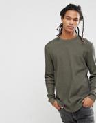Asos Longline Long Sleeve T-shirt In Waffle With Curve Hem In Khaki - Green