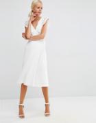 Asos Lace Midi Dress With Ruffle Wrap - White