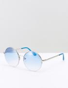 Asos Round Sunglasses In Burnished Silver With Blue Lens - Silver