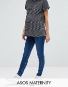 Asos Maternity Ridley Skinny Jeans In Hester Dark Stonewash With Contrast Threads With Under The Bump Waistband - Blue