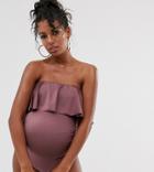 Asos Design Maternity Oversized Frill Swimsuit In Shiny Deep Mink - Purple