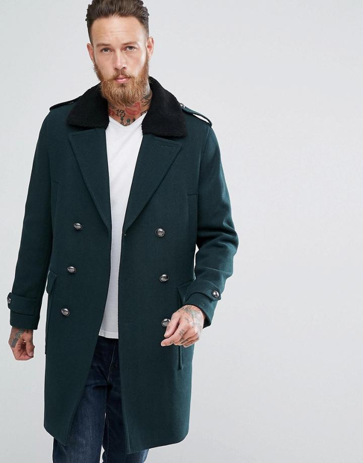 Asos Wool Mix Trench Coat With Fleece Collar In Bottle Green - Green