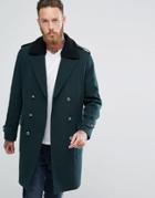 Asos Wool Mix Trench Coat With Fleece Collar In Bottle Green - Green