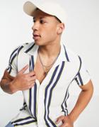 Selected Homme Camp Collar Shirt In White, Navy And Yellow Stripe