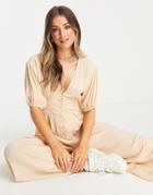 Asos Design Crinkle Tea Jumpsuit With Puff Sleeve In Stone-neutral