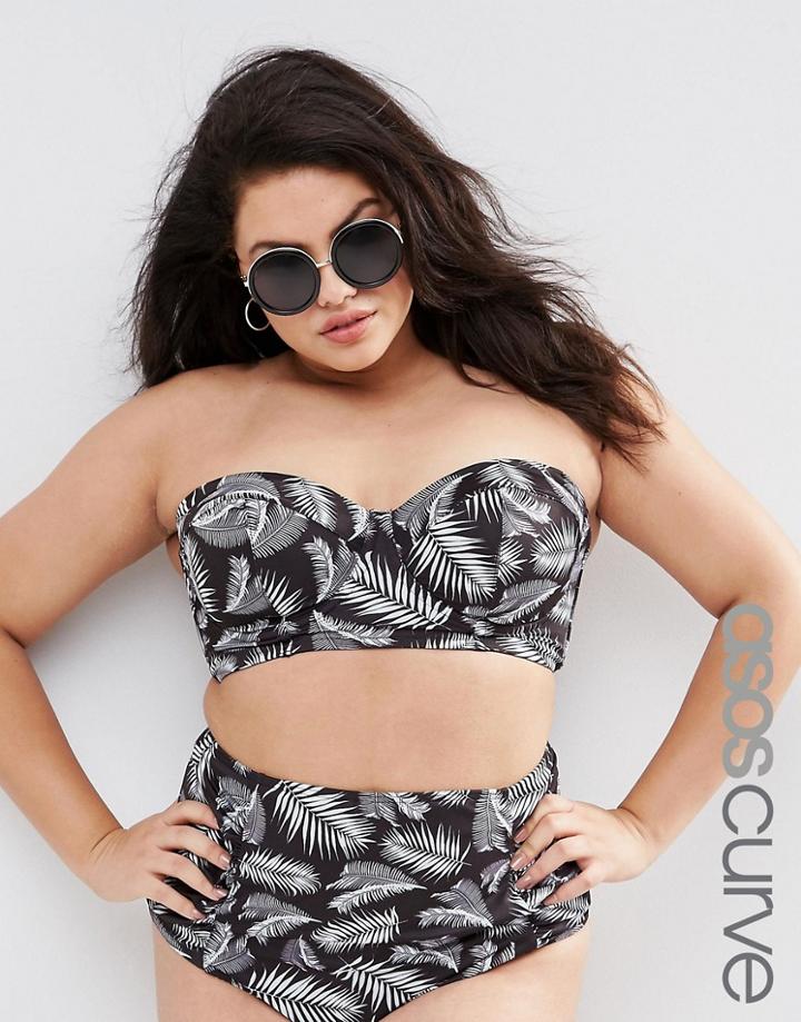 Asos Curve Mix And Match Mono Palm Print Longline Bikini Top - Mono Palm