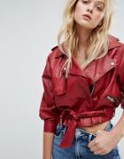 Bershka 80s Sleeve Cropped Leather Look Jacket - Red