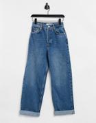 Topshop One Oversized Mom Jeans In Mid Wash-blues