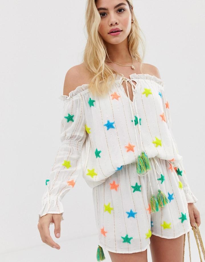 America & Beyond Rainbow Stars Off-the-shoulder Blouse Two-piece Beach Top - White