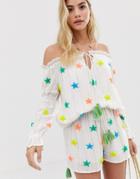 America & Beyond Rainbow Stars Off-the-shoulder Blouse Two-piece Beach Top - White