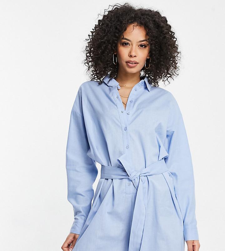 Asos Design Tall Belted Beach Shirt Romper In Blue-brown