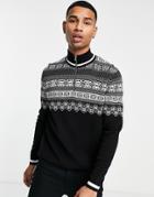 Asos Design Knitted Christmas Half Zip Sweater With Yoke Fairisle In Black