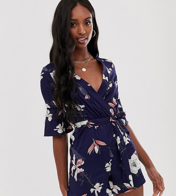 Influence Tall Wrap Front Romper With Ladder Detail In Floral Print-navy