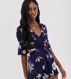 Influence Tall Wrap Front Romper With Ladder Detail In Floral Print-navy