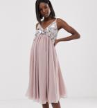 Asos Design Maternity Cami Midi Dress With Pearl And Embellished Crop Top Bodice-pink