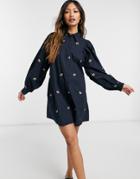 Y.a.s Mini Shirt Dress With Volume Sleeves And Floral Embroidery In Navy