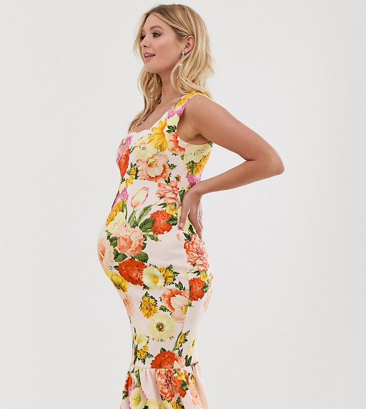 Asos Design Maternity Square Neck Scallop Floral Pep Hem Midi Dress-pink